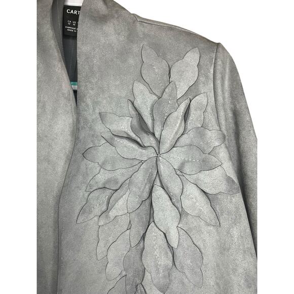 Vintage Cartise Gray Open Front Faux Suede Jacket w/ 3D Floral Appliqué Size 10 - Picture 2 of 6